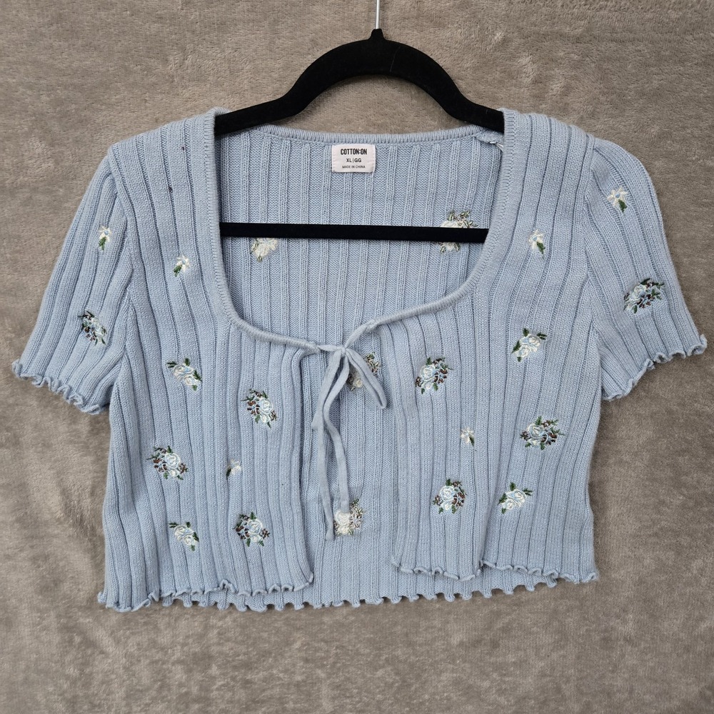 Cotton On Cropped Knit Top XL Blue Floral Y2K Cottagecore Boho Dainty Easterโ
